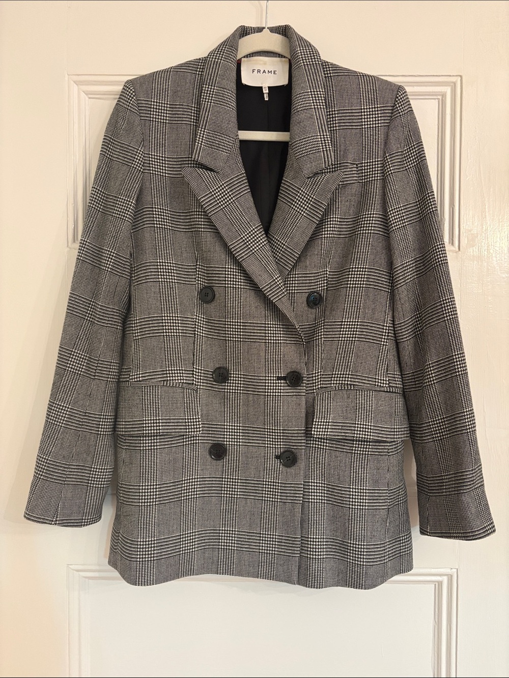 Frame Black & White Houndstooth Plaid Double-Breasted Blazer